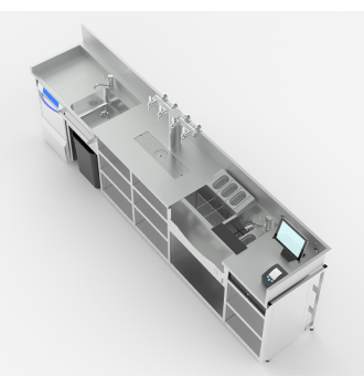 Linéaire compact avec tireuse à bière et station cocktail.