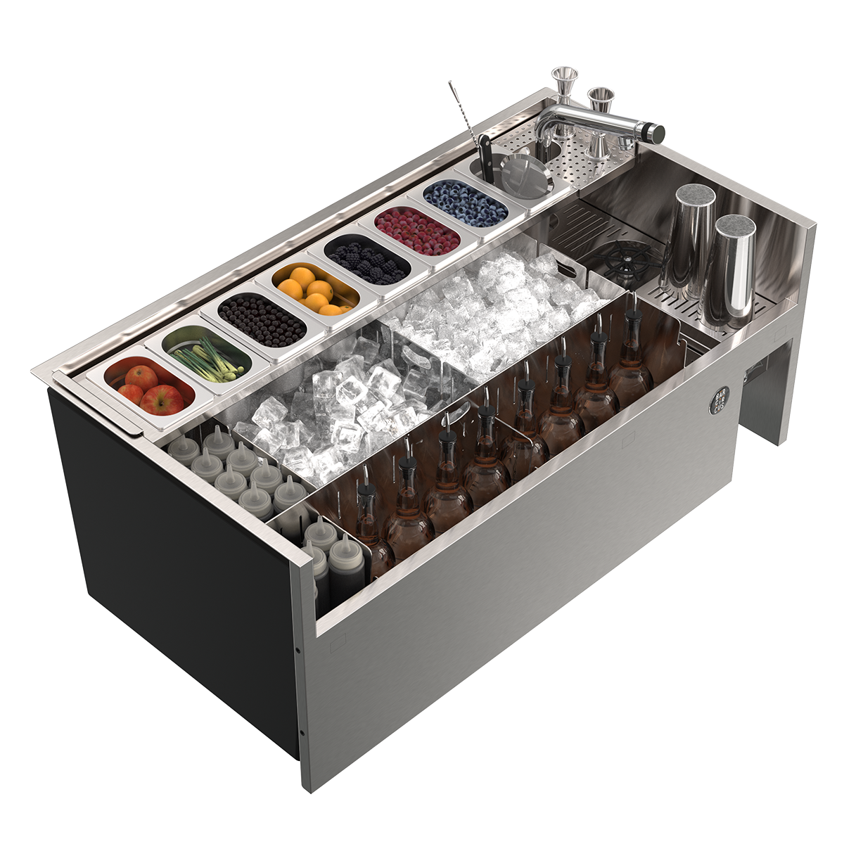 station cocktail en inox entièrement modulable avec bacs gastronomiques et évier-rince shaker intégré